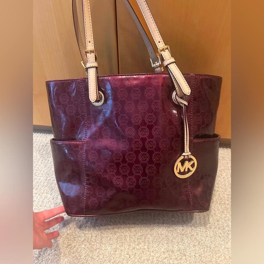 Michael Kors Wine Patent Leather Tote with Gold MK Charm